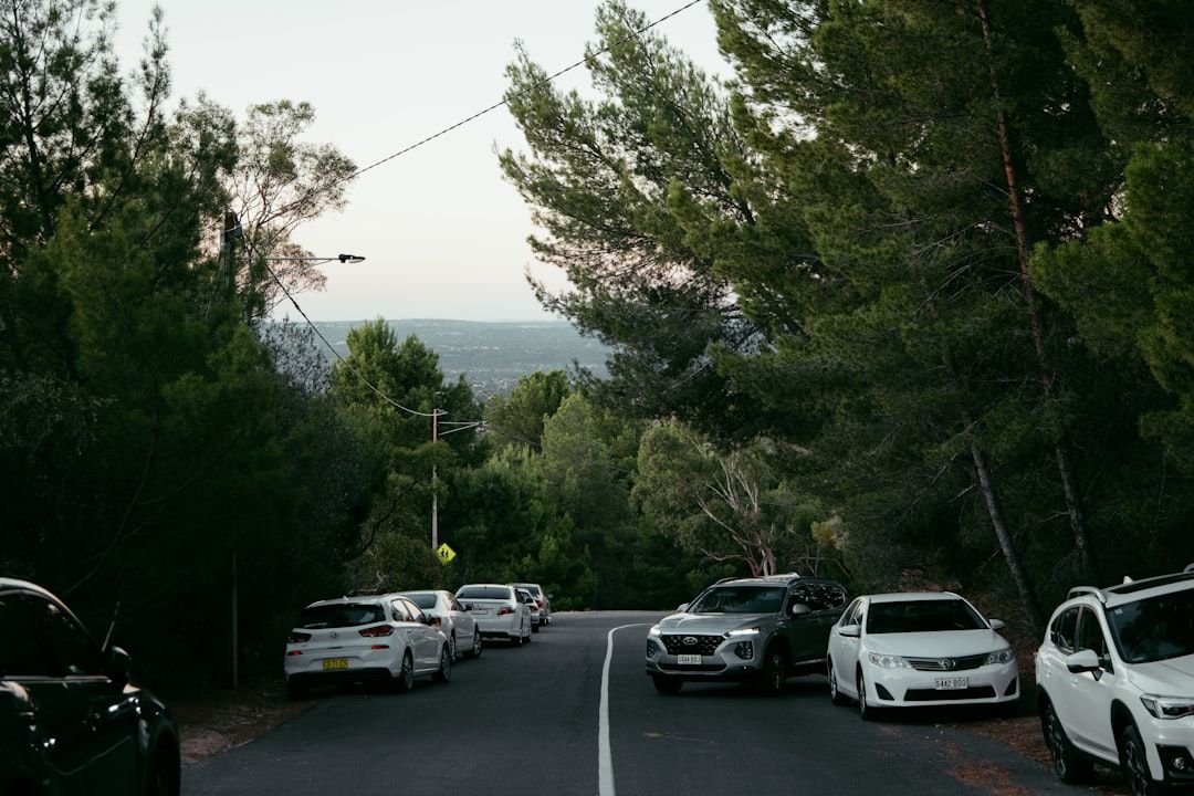 A modern white rental car parked legally on a sunny city street in Australia, with historic and contemporary buildings, pedes